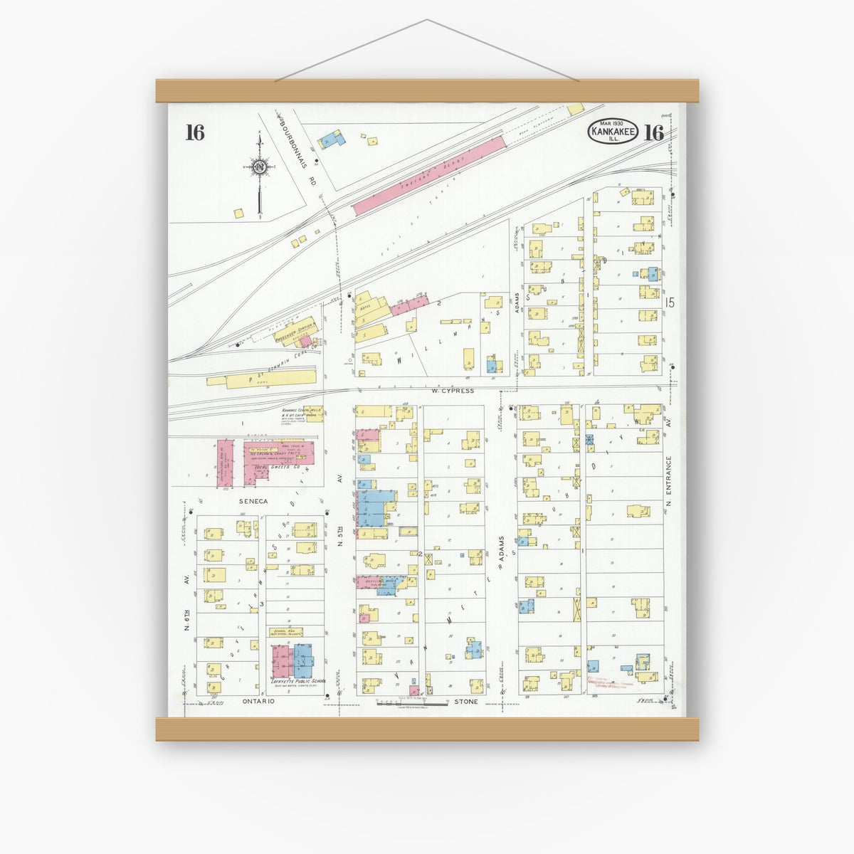 Old map wall art mockup — magnetic wood frame on white wall — Sanborn Fire Insurance Map from Kankakee, Kankakee County, Illinois (1930), Sheet #0016