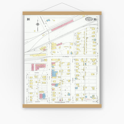 Old map wall art mockup — magnetic wood frame on white wall — Sanborn Fire Insurance Map from Kankakee, Kankakee County, Illinois (1930), Sheet #0016