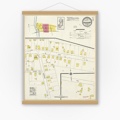 Old map wall art mockup — magnetic wood frame on white wall — Sanborn Fire Insurance Map from Bridgeport, Gloucester County, New Jersey (1920), Sheet #0001