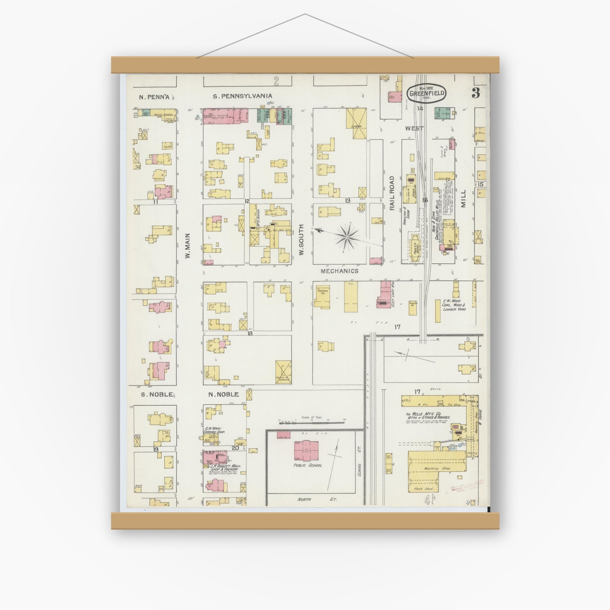 Old map wall art mockup — magnetic wood frame on white wall — Sanborn Fire Insurance Map from Greenfield, Hancock County, Indiana (1892), Sheet #0003