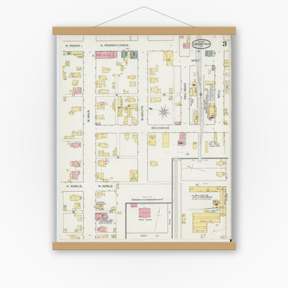 Old map wall art mockup — magnetic wood frame on white wall — Sanborn Fire Insurance Map from Greenfield, Hancock County, Indiana (1892), Sheet #0003