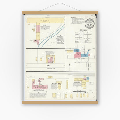 Old map wall art mockup — magnetic wood frame on white wall — Sanborn Fire Insurance Map from Zeeland, Ottawa County, Michigan (1908) - Complete Map Set