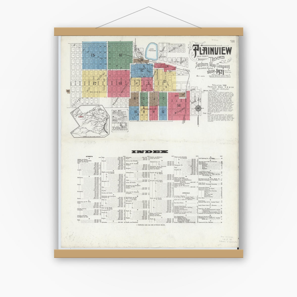 Old map wall art mockup — magnetic wood frame on white wall — Sanborn Fire Insurance Map from Plainview, Hale County, Texas (1921) - Complete Map Set