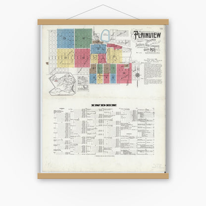 Old map wall art mockup — magnetic wood frame on white wall — Sanborn Fire Insurance Map from Plainview, Hale County, Texas (1921) - Complete Map Set