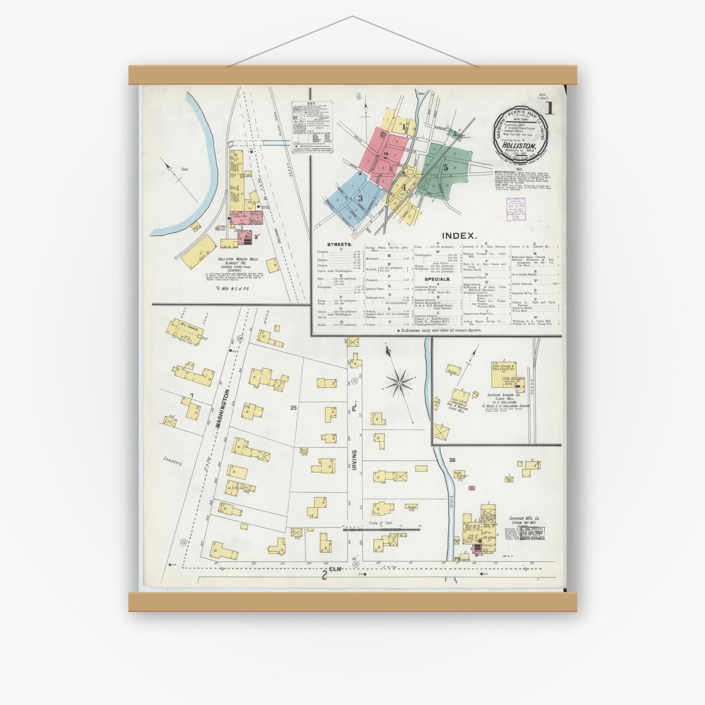 Old map wall art mockup — magnetic wood frame on white wall — Sanborn Fire Insurance Map from Holliston, Middlesex County, Massachusetts (1901), Sheet #0001