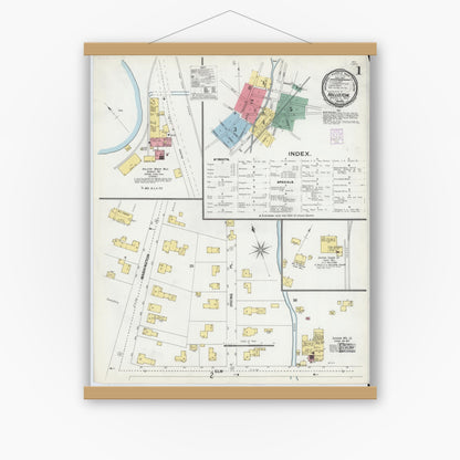 Old map wall art mockup — magnetic wood frame on white wall — Sanborn Fire Insurance Map from Holliston, Middlesex County, Massachusetts (1901), Sheet #0001