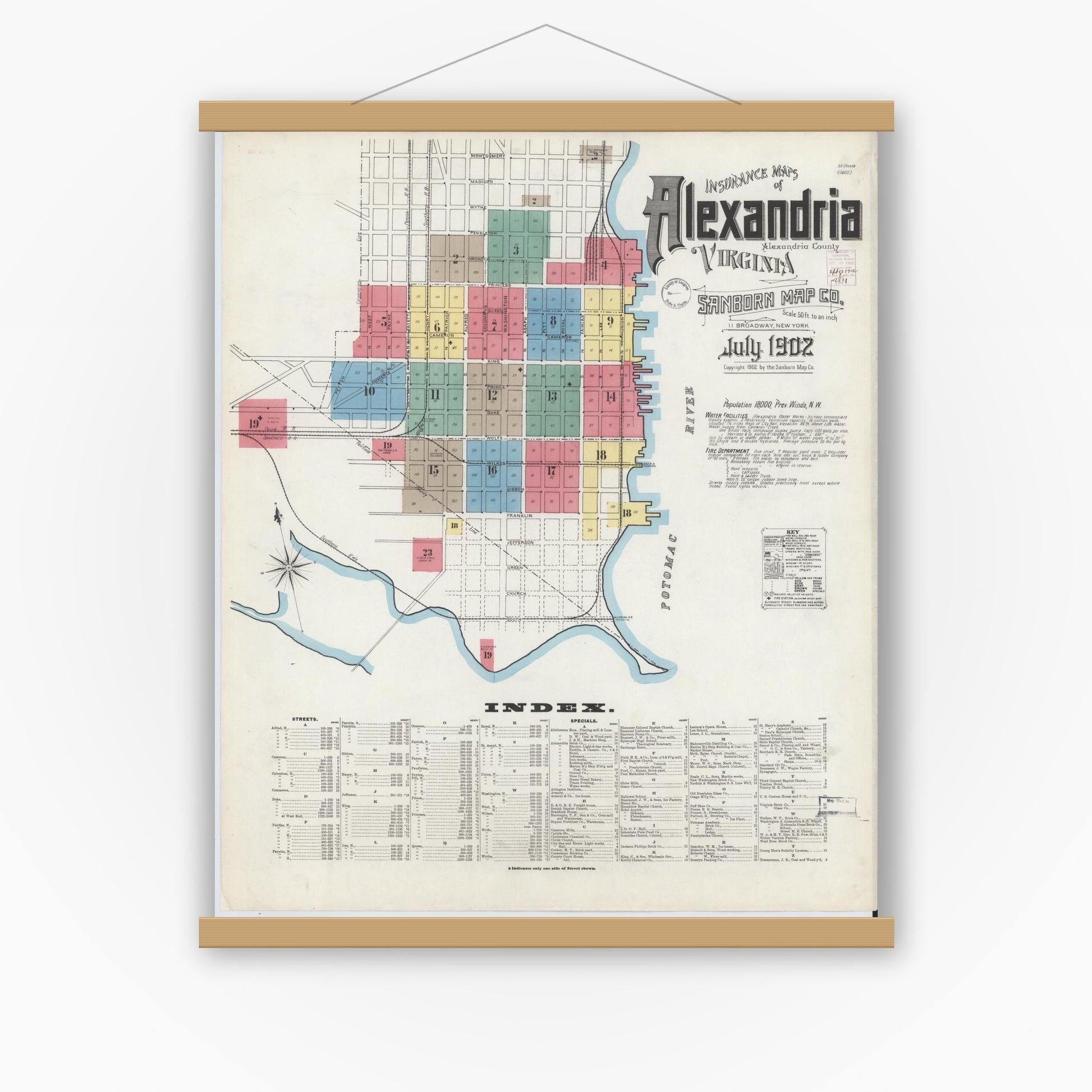 Old map wall art mockup — magnetic wood frame on white wall — Sanborn Fire Insurance Map from Alexandria, Independent Cities, Virginia (1902) - Complete Map Set
