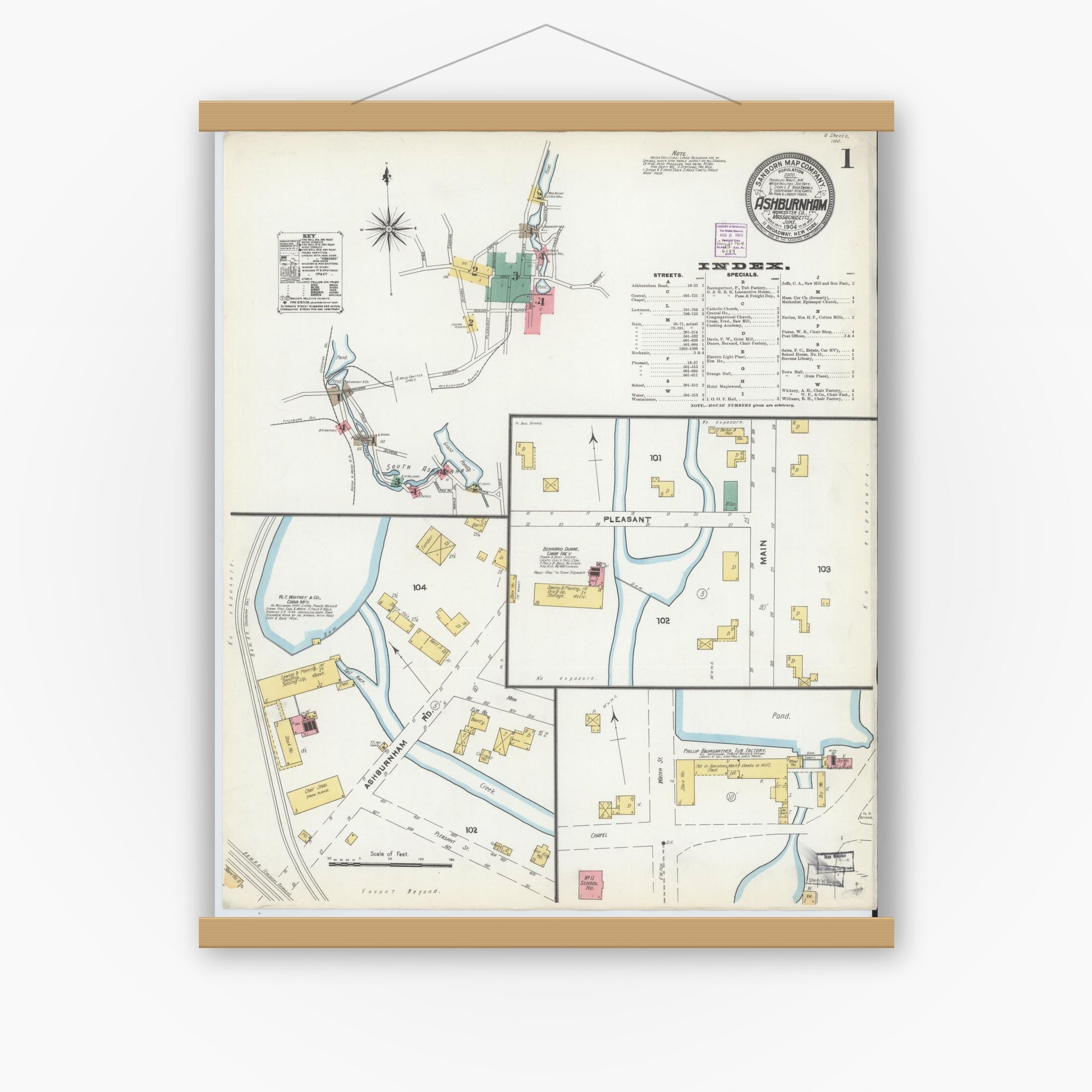 Old map wall art mockup — magnetic wood frame on white wall — Sanborn Fire Insurance Map from Ashburnham, Worcester County, Massachusetts (1904), Sheet #0001