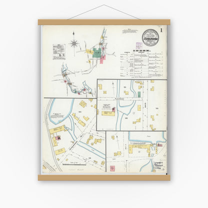 Old map wall art mockup — magnetic wood frame on white wall — Sanborn Fire Insurance Map from Ashburnham, Worcester County, Massachusetts (1904), Sheet #0001
