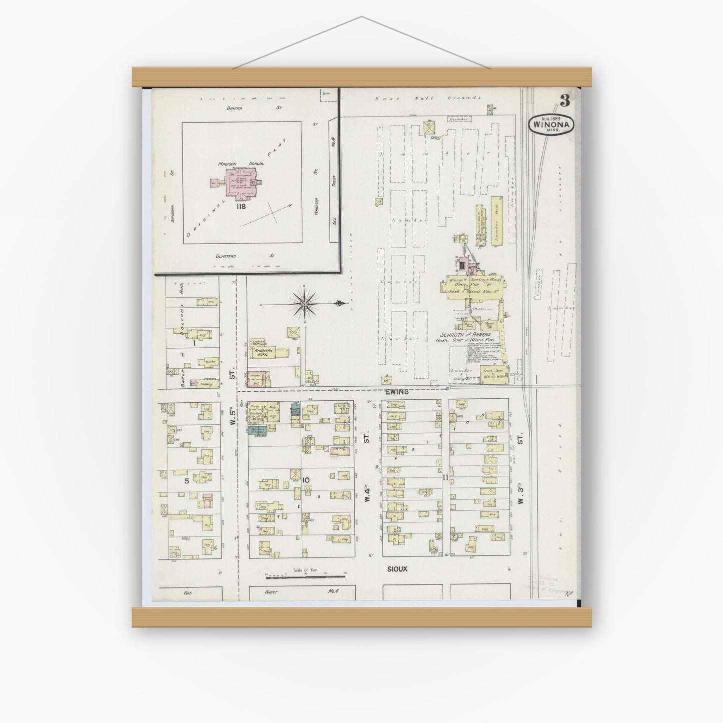 Old map wall art mockup — magnetic wood frame on white wall — Sanborn Fire Insurance Map from Winona, Winona County, Minnesota (1889), Sheet #0003