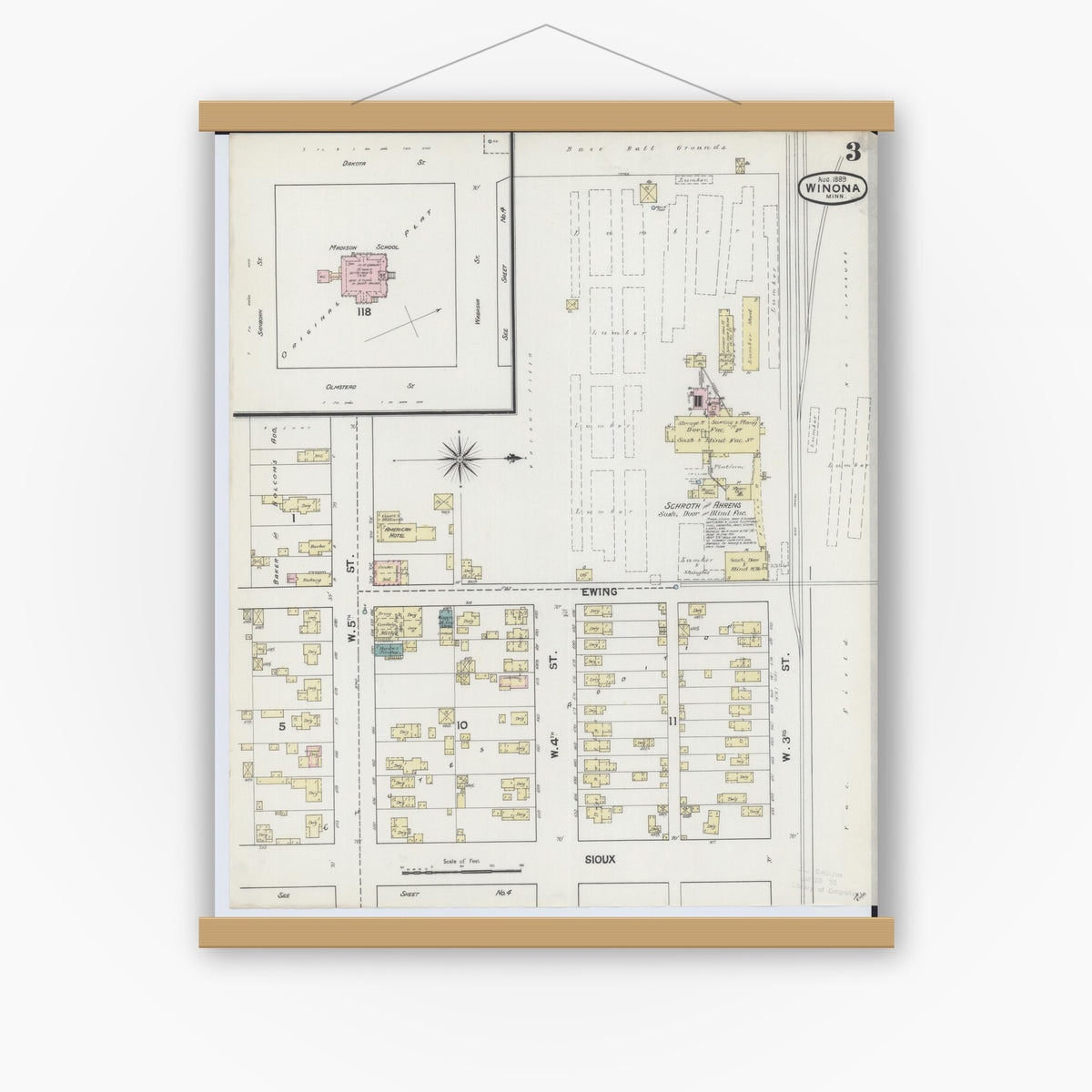 Old map wall art mockup — magnetic wood frame on white wall — Sanborn Fire Insurance Map from Winona, Winona County, Minnesota (1889), Sheet #0003