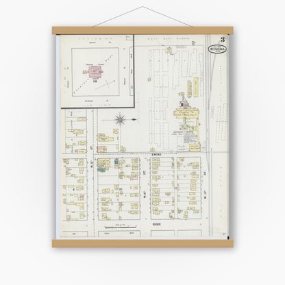 Old map wall art mockup — magnetic wood frame on white wall — Sanborn Fire Insurance Map from Winona, Winona County, Minnesota (1889), Sheet #0003