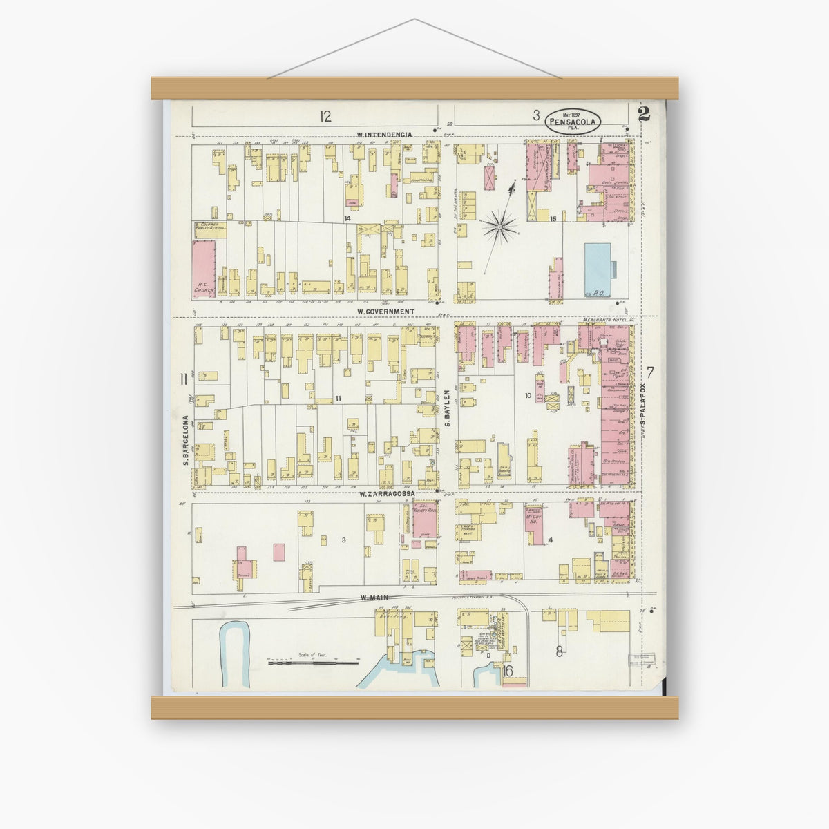 Old map wall art mockup — magnetic wood frame on white wall — Sanborn Fire Insurance Map from Pensacola, Escambia County, Florida (1897), Sheet #0002