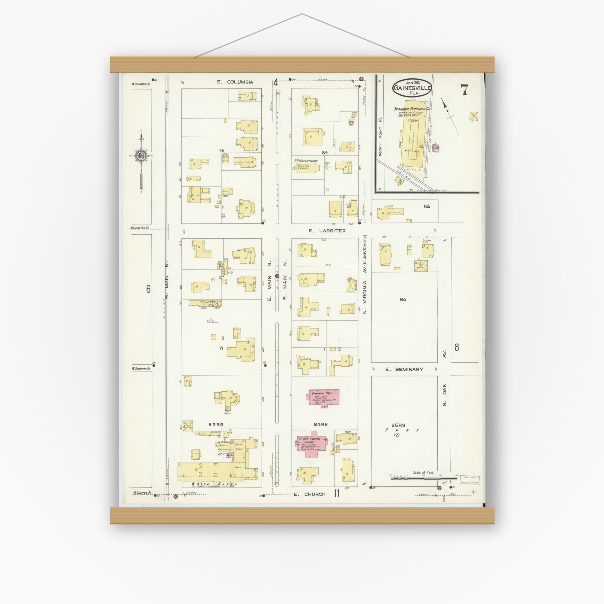 Old map wall art mockup — magnetic wood frame on white wall — Sanborn Fire Insurance Map from Gainesville, Alachua County, Florida (1913), Sheet #0007
