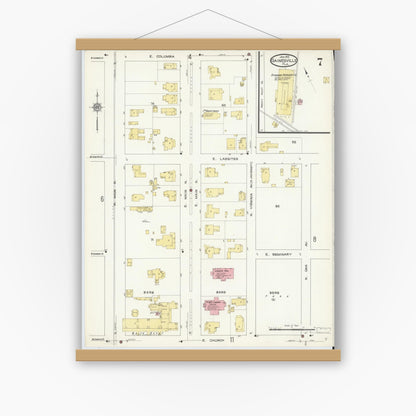 Old map wall art mockup — magnetic wood frame on white wall — Sanborn Fire Insurance Map from Gainesville, Alachua County, Florida (1913), Sheet #0007