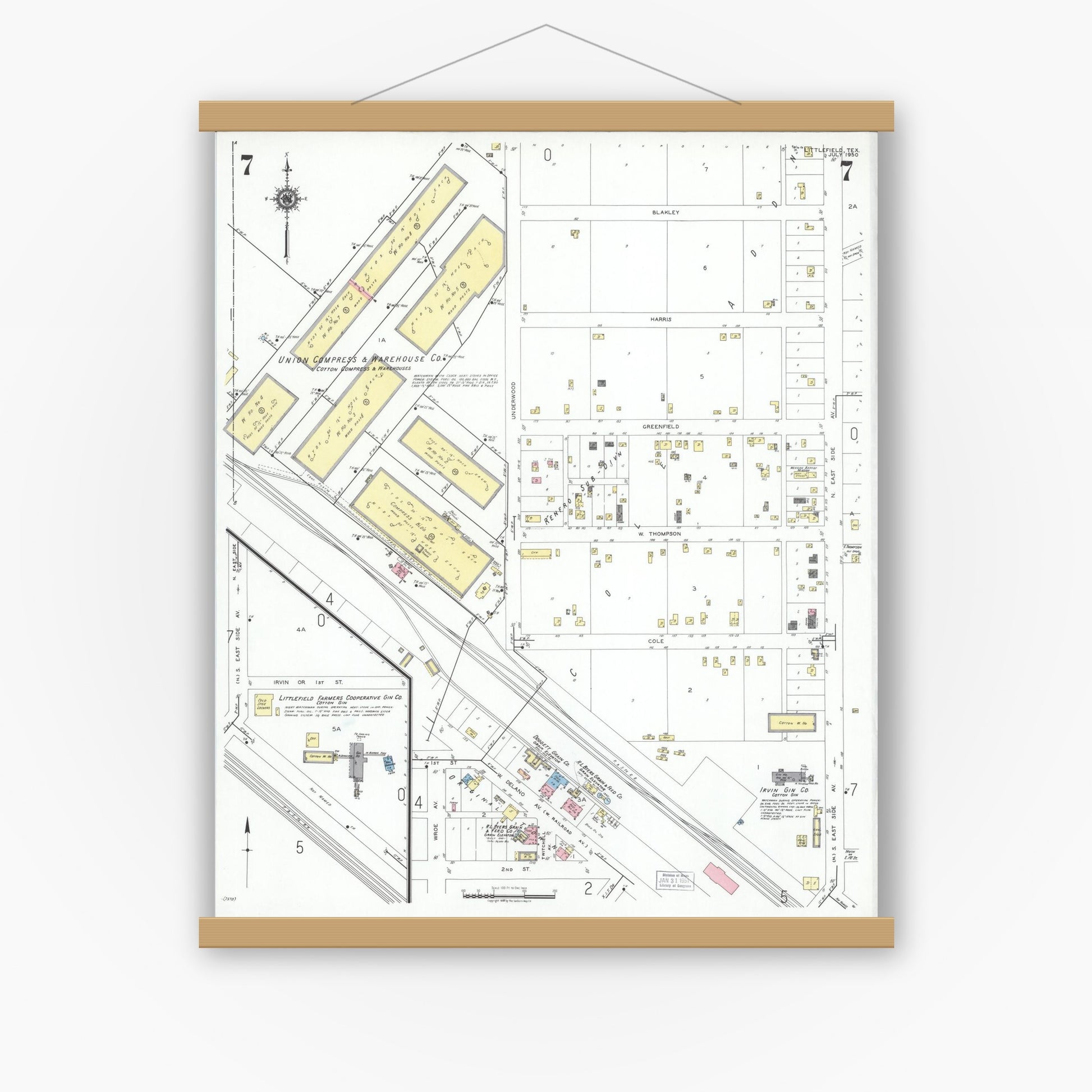 Old map wall art mockup — magnetic wood frame on white wall — Sanborn Fire Insurance Map from Littlefield, Lamb County, Texas (1950), Sheet #0007