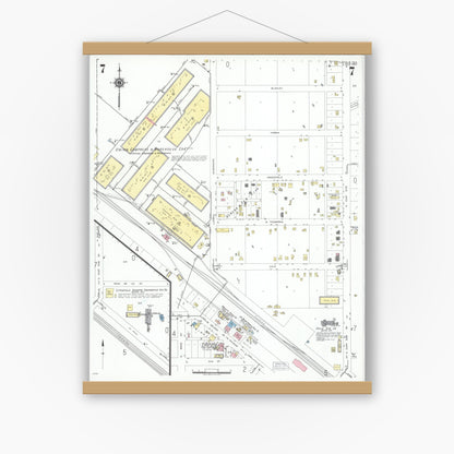 Old map wall art mockup — magnetic wood frame on white wall — Sanborn Fire Insurance Map from Littlefield, Lamb County, Texas (1950), Sheet #0007