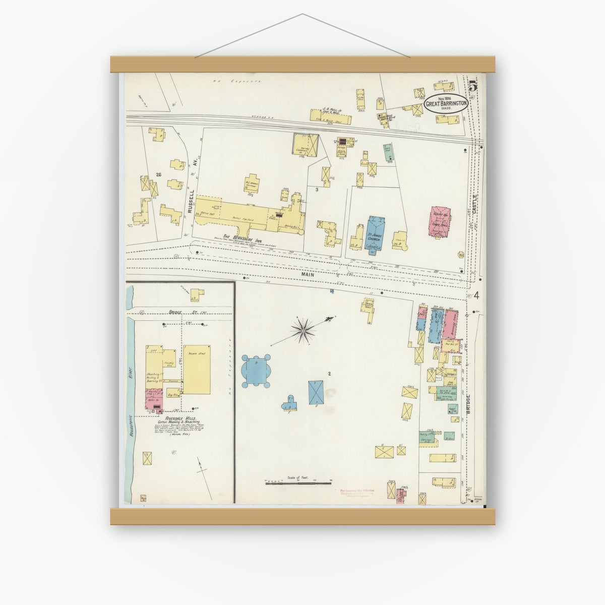 Old map wall art mockup — magnetic wood frame on white wall — Sanborn Fire Insurance Map from Great Barrington, Berkshire County, Massachusetts (1898), Sheet #0005