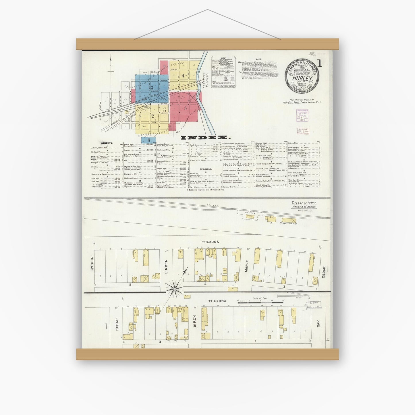 Old map wall art mockup — magnetic wood frame on white wall — Sanborn Fire Insurance Map from Hurley, Iron County, Wisconsin (1905), Sheet #0001