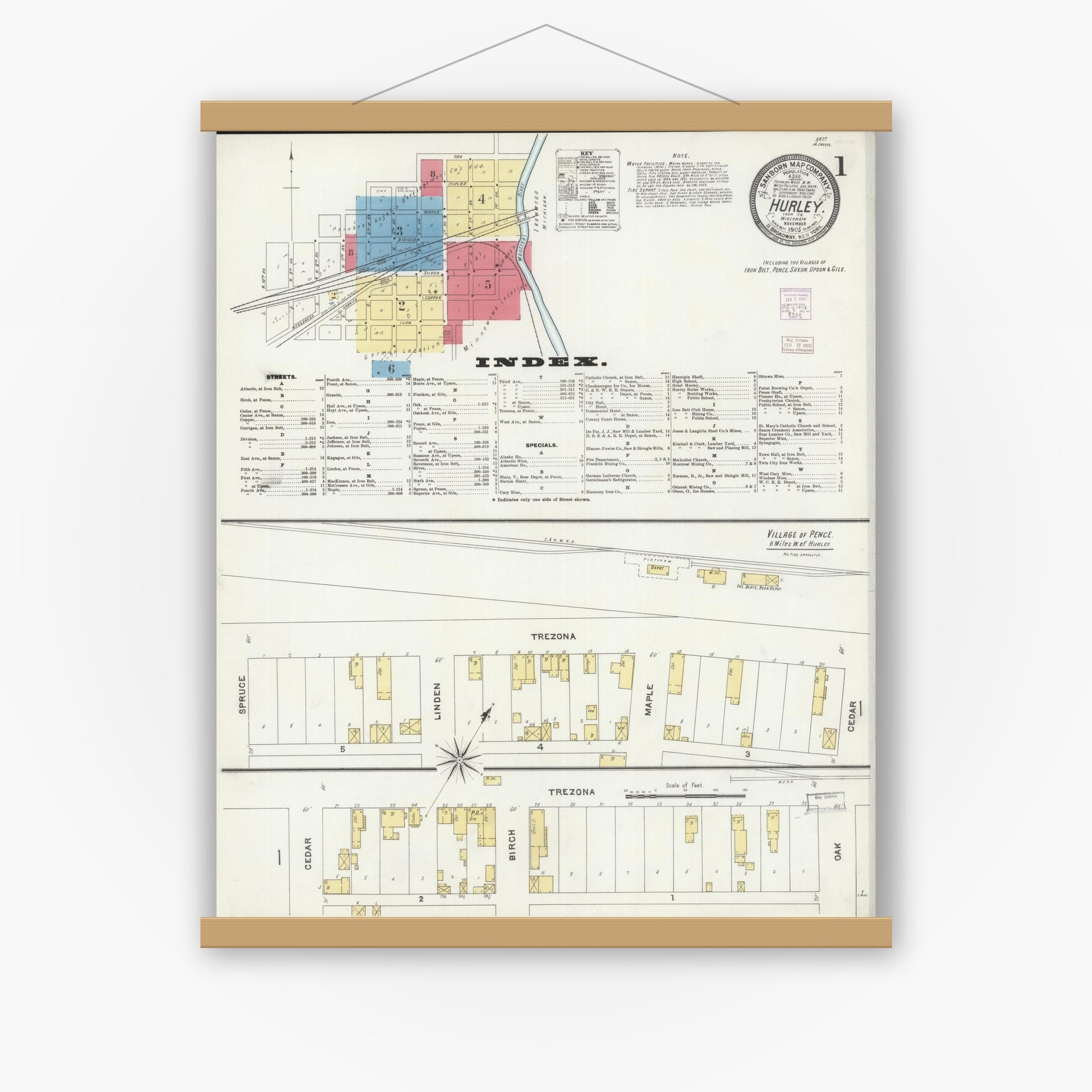 Old map wall art mockup — magnetic wood frame on white wall — Sanborn Fire Insurance Map from Hurley, Iron County, Wisconsin (1905), Sheet #0001