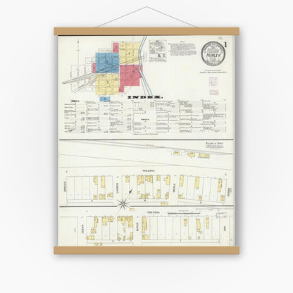 Old map wall art mockup — magnetic wood frame on white wall — Sanborn Fire Insurance Map from Hurley, Iron County, Wisconsin (1905), Sheet #0001
