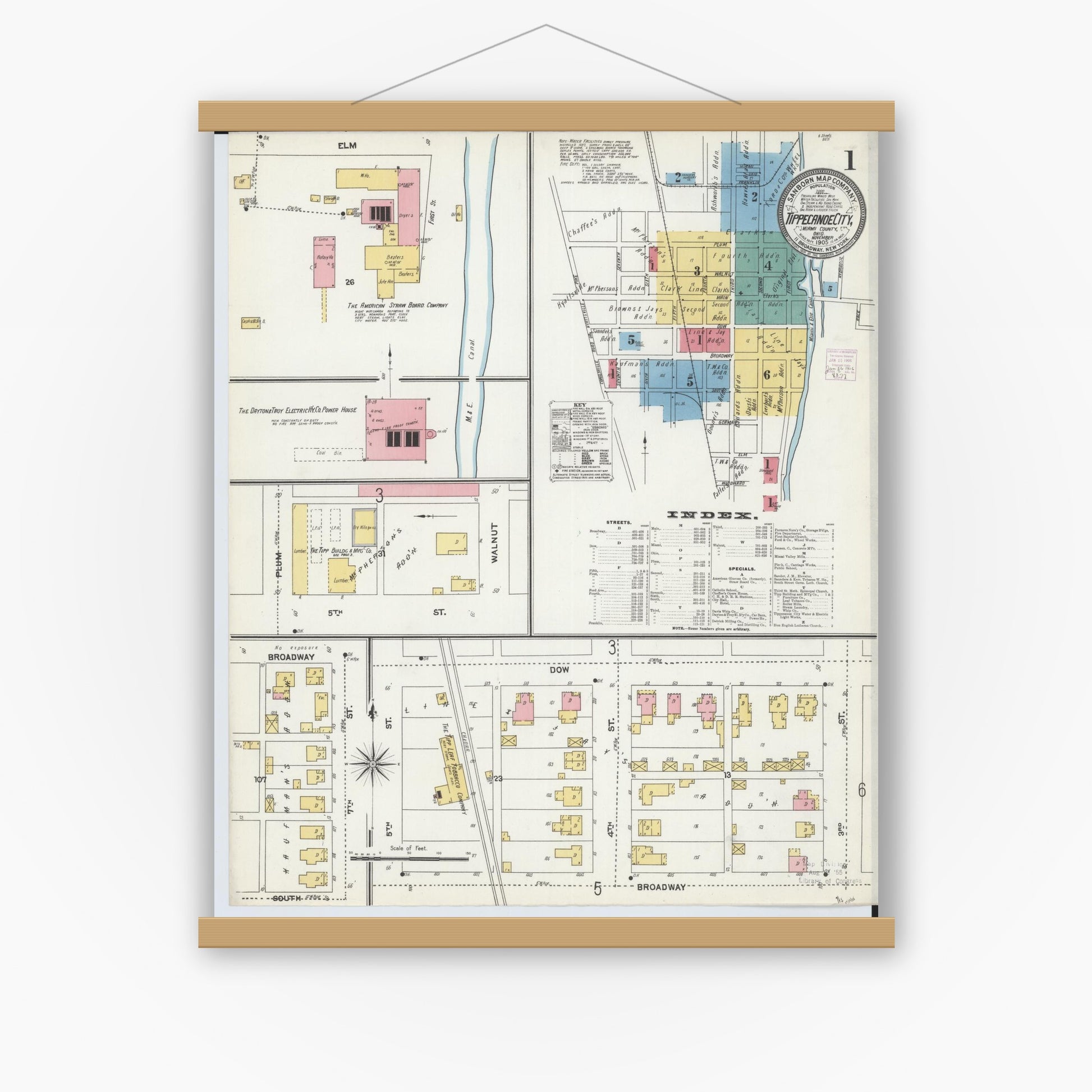 Old map wall art mockup — magnetic wood frame on white wall — Sanborn Fire Insurance Map from Tipp City, Miami County, Ohio (1905) - Complete Map Set