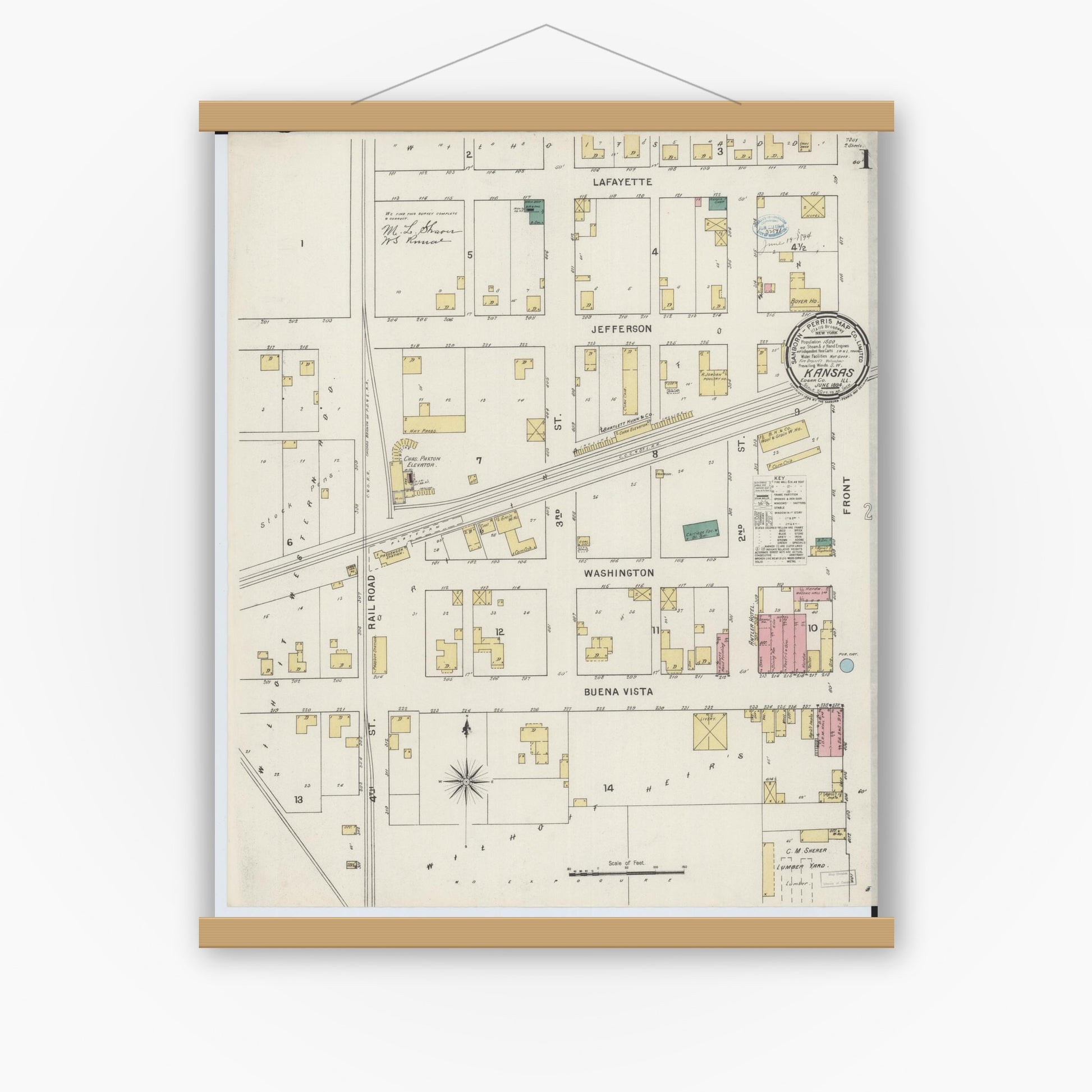 Old map wall art mockup — magnetic wood frame on white wall — Sanborn Fire Insurance Map from Kansas, Edgar County, Illinois (1894) - Complete Map Set