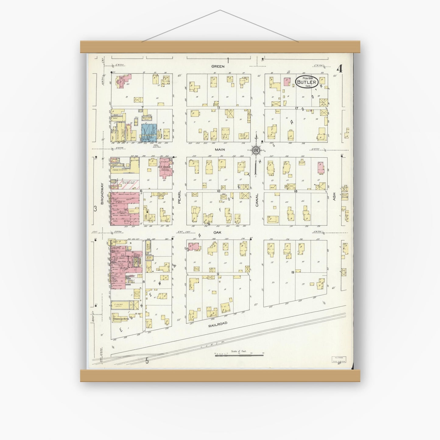 Old map wall art mockup — magnetic wood frame on white wall — Sanborn Fire Insurance Map from Butler, De Kalb County, Indiana (1914), Sheet #0004