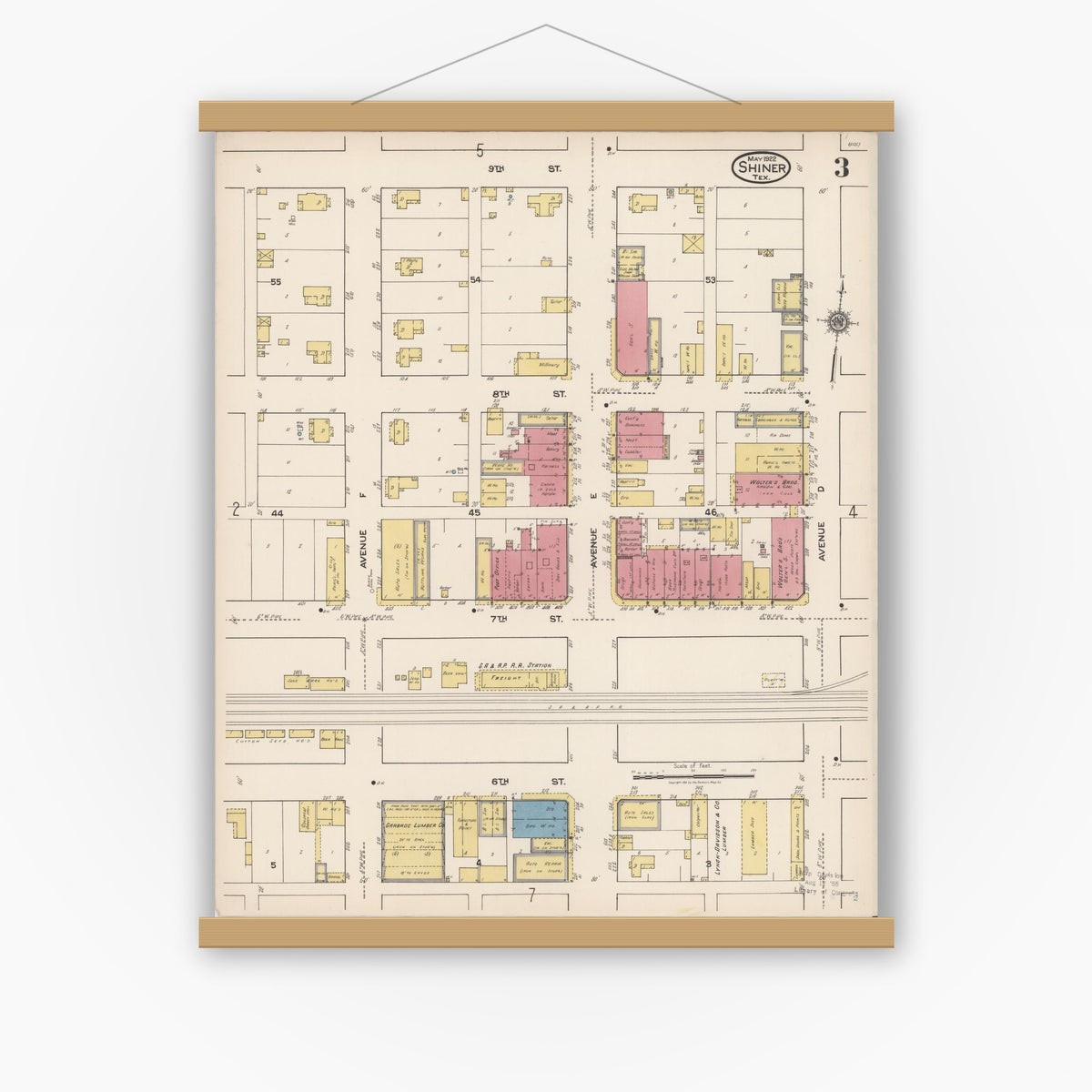 Old map wall art mockup — magnetic wood frame on white wall — Sanborn Fire Insurance Map from Shiner, Lavaca County, Texas (1922), Sheet #0003
