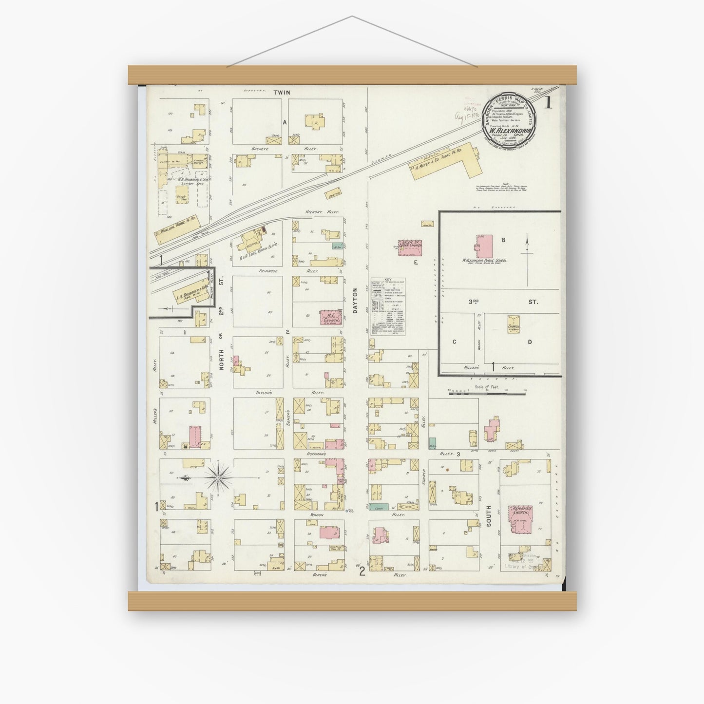 Old map wall art mockup — magnetic wood frame on white wall — Sanborn Fire Insurance Map from West Alexandria, Preble County, Ohio (1896) - Complete Map Set