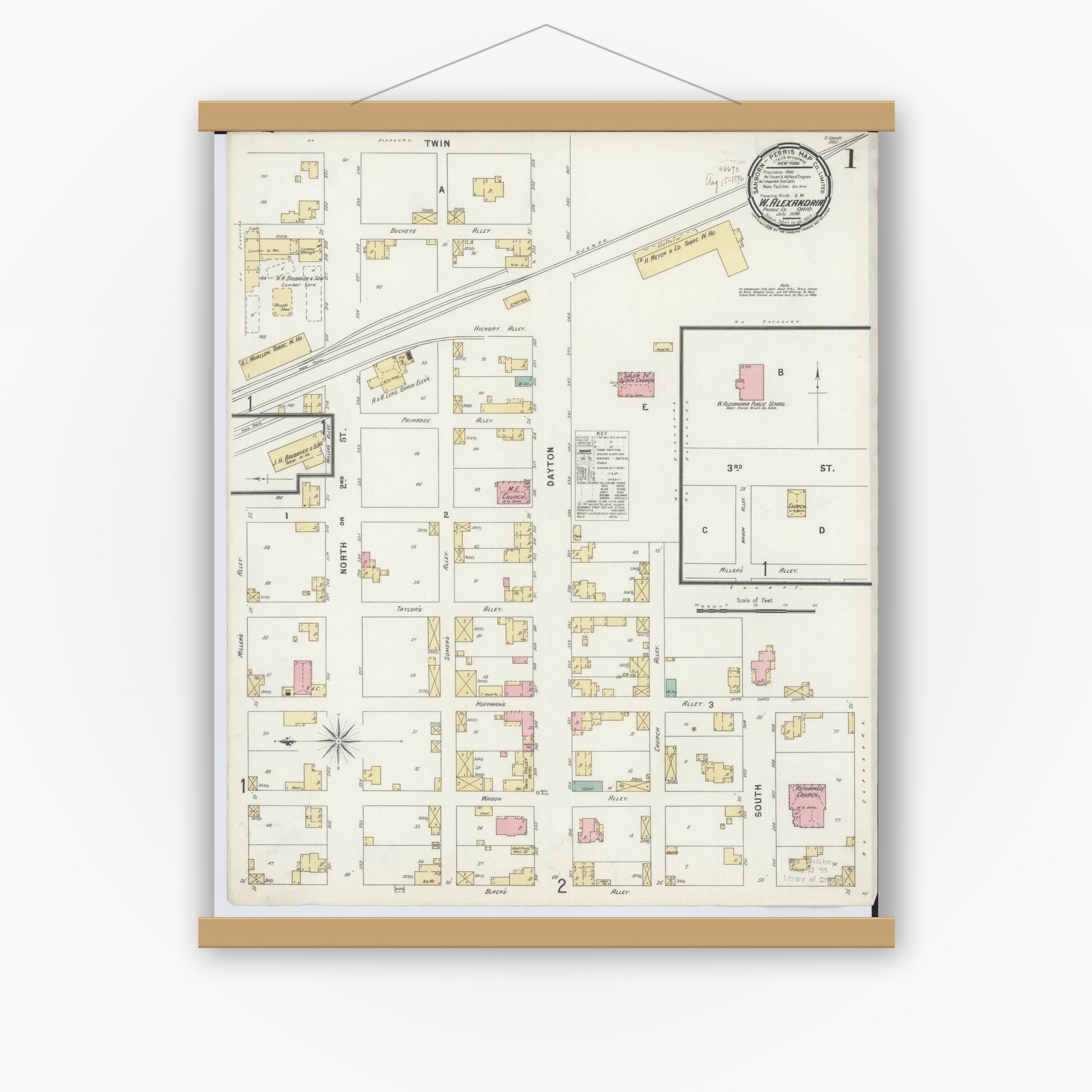 Old map wall art mockup — magnetic wood frame on white wall — Sanborn Fire Insurance Map from West Alexandria, Preble County, Ohio (1896) - Complete Map Set