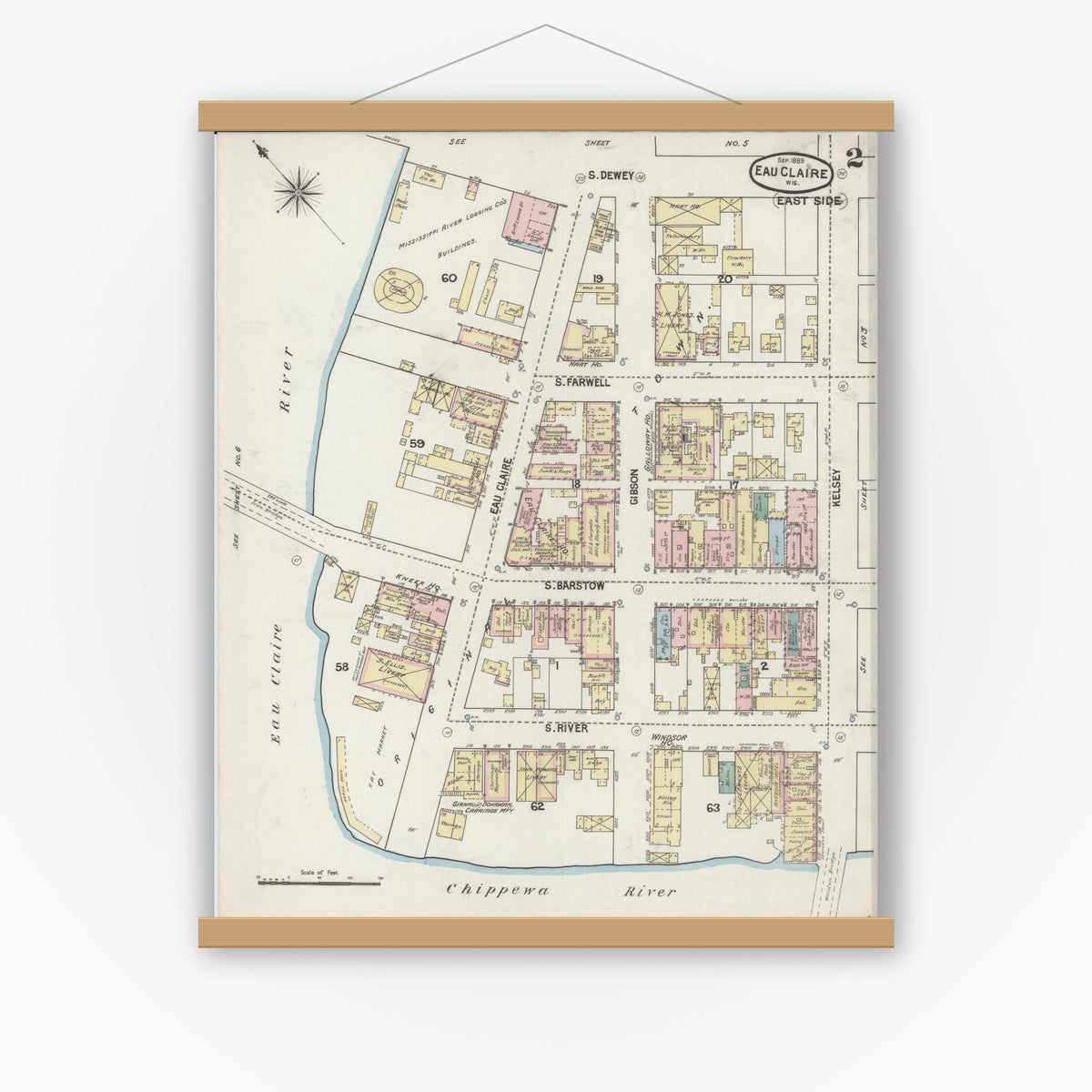 Old map wall art mockup — magnetic wood frame on white wall — Sanborn Fire Insurance Map from Eau Claire, Eau Claire County, Wisconsin (1889), Sheet #0002