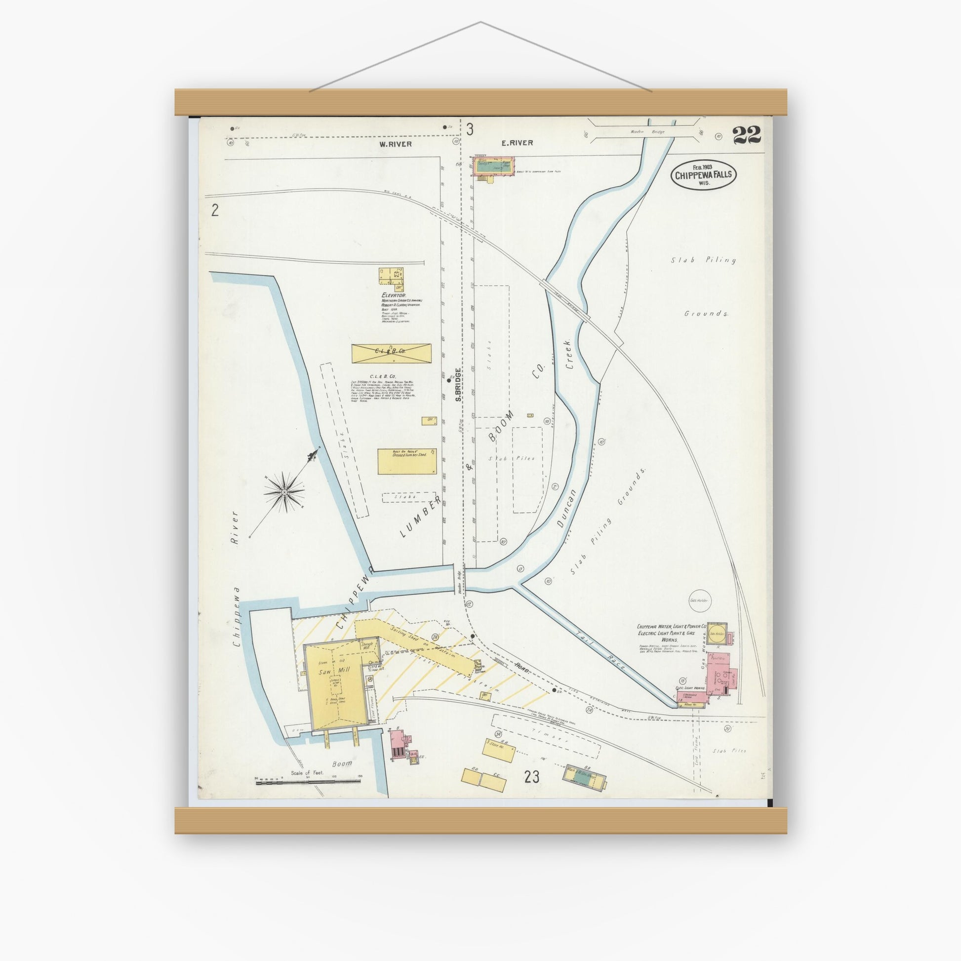 Old map wall art mockup — magnetic wood frame on white wall — Sanborn Fire Insurance Map from Chippewa Falls, Chippewa County, Wisconsin (1903), Sheet #0022