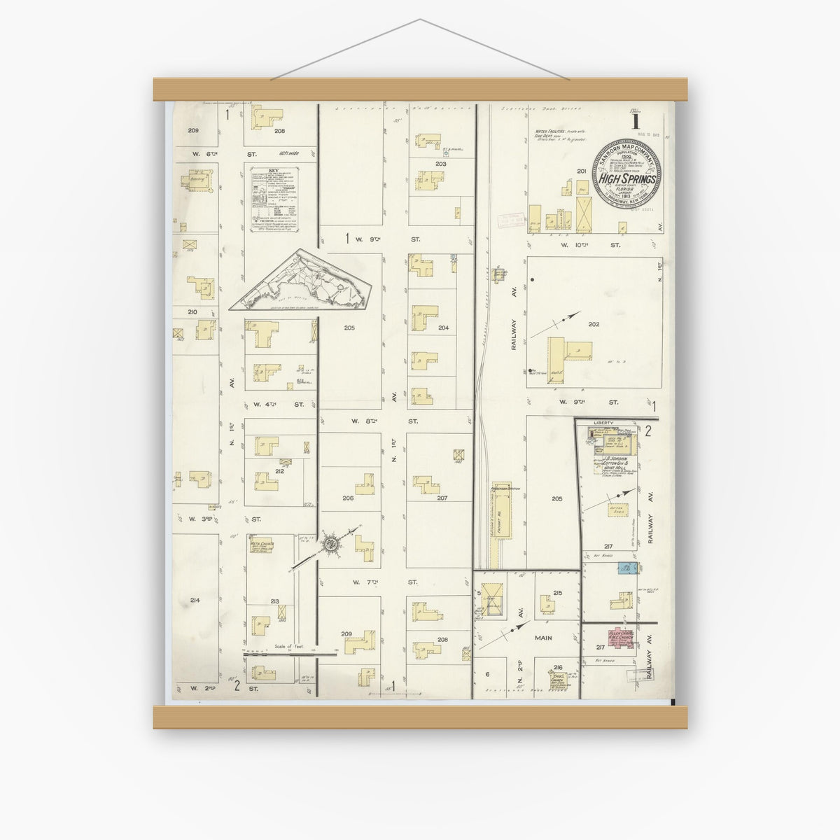 Old map wall art mockup — magnetic wood frame on white wall — Sanborn Fire Insurance Map from High Springs, Alachua County, Florida (1913), Sheet #0001