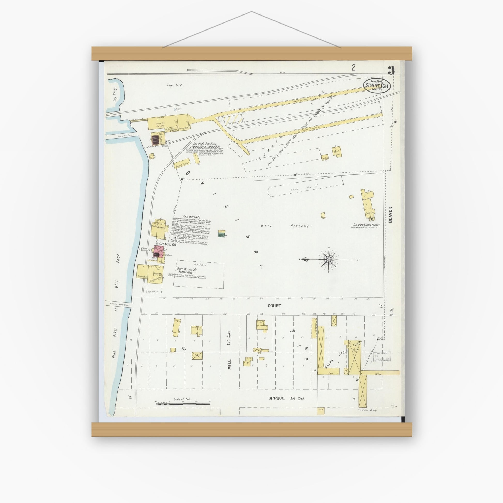 Old map wall art mockup — magnetic wood frame on white wall — Sanborn Fire Insurance Map from Standish, Arenac County, Michigan (1901), Sheet #0003