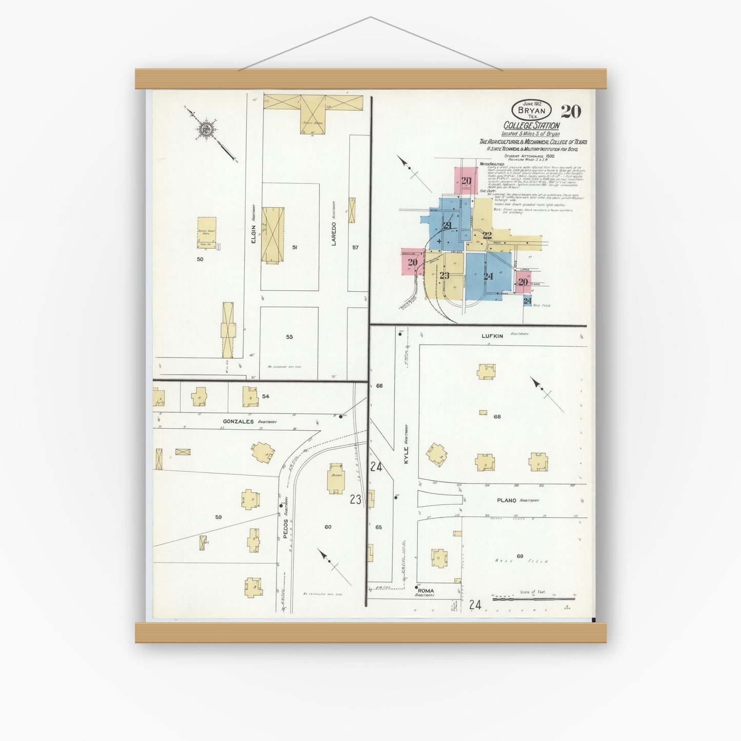 Old map wall art mockup — magnetic wood frame on white wall — Sanborn Fire Insurance Map from Bryan, Brazos County, Texas (1912), Sheet #0020