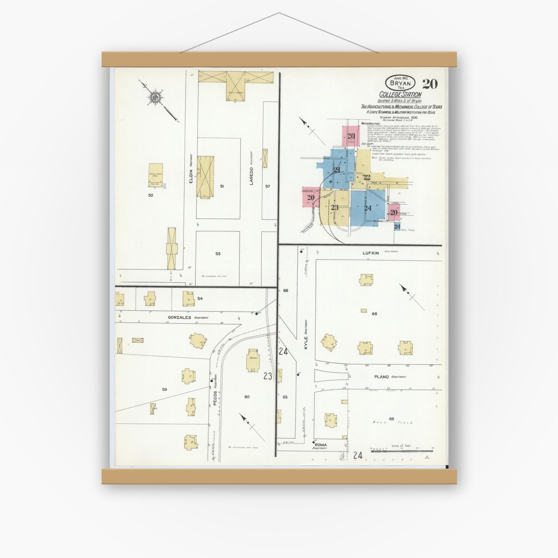 Old map wall art mockup — magnetic wood frame on white wall — Sanborn Fire Insurance Map from Bryan, Brazos County, Texas (1912), Sheet #0020