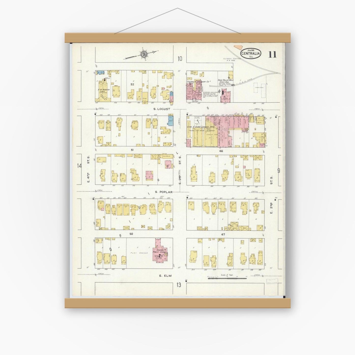 Old map wall art mockup — magnetic wood frame on white wall — Sanborn Fire Insurance Map from Centralia, Marion, Clinton, Jefferson, and Washington Counties, Illinois (1916), Sheet #0011