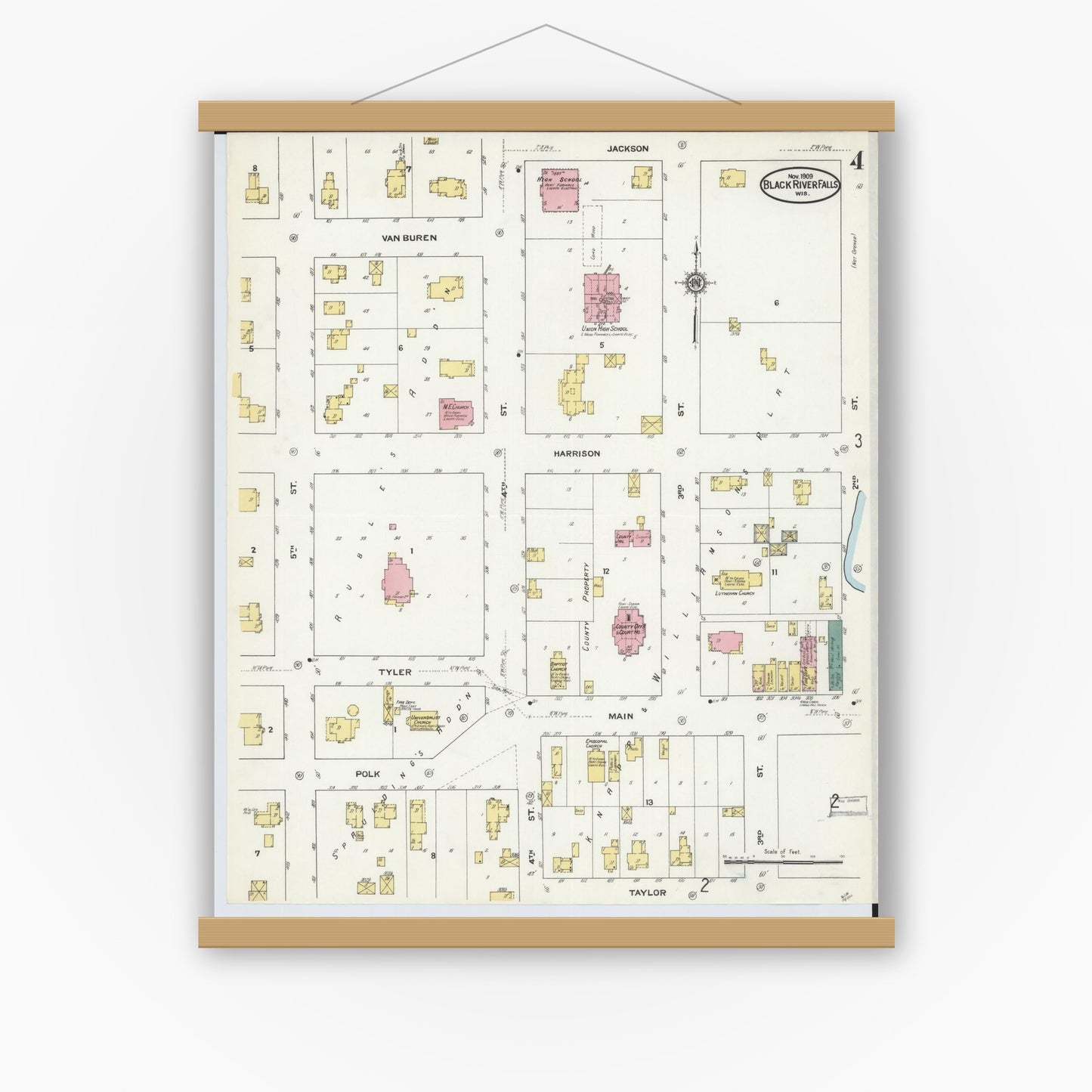 Old map wall art mockup — magnetic wood frame on white wall — Sanborn Fire Insurance Map from Black River Falls, Jackson County, Wisconsin (1909), Sheet #0004