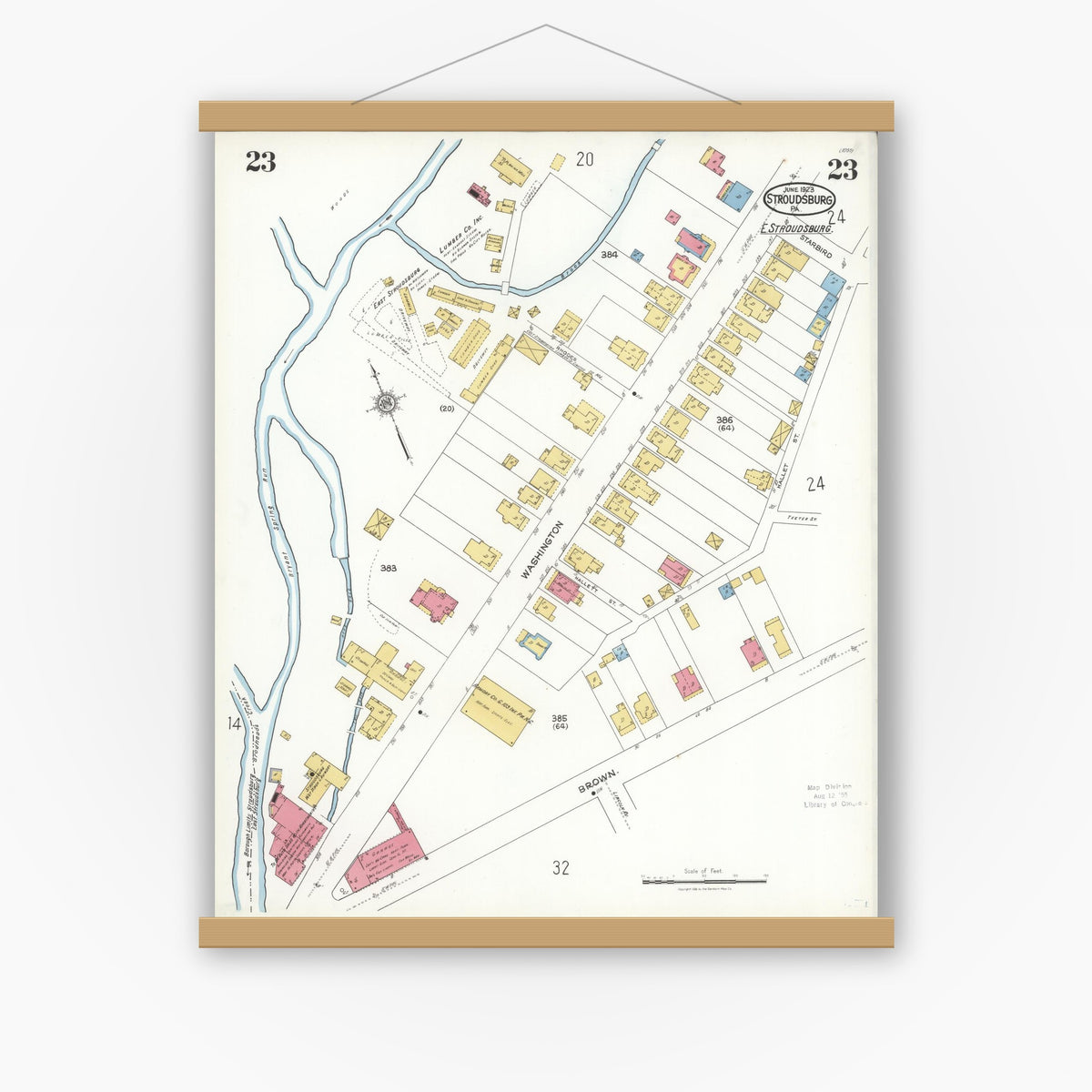 Old map wall art mockup — magnetic wood frame on white wall — Sanborn Fire Insurance Map from Stroudsburg, Monroe County, Pennsylvania (1923), Sheet #0023