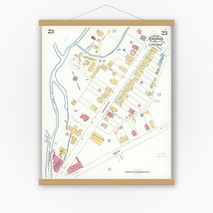 Old map wall art mockup — magnetic wood frame on white wall — Sanborn Fire Insurance Map from Stroudsburg, Monroe County, Pennsylvania (1923), Sheet #0023