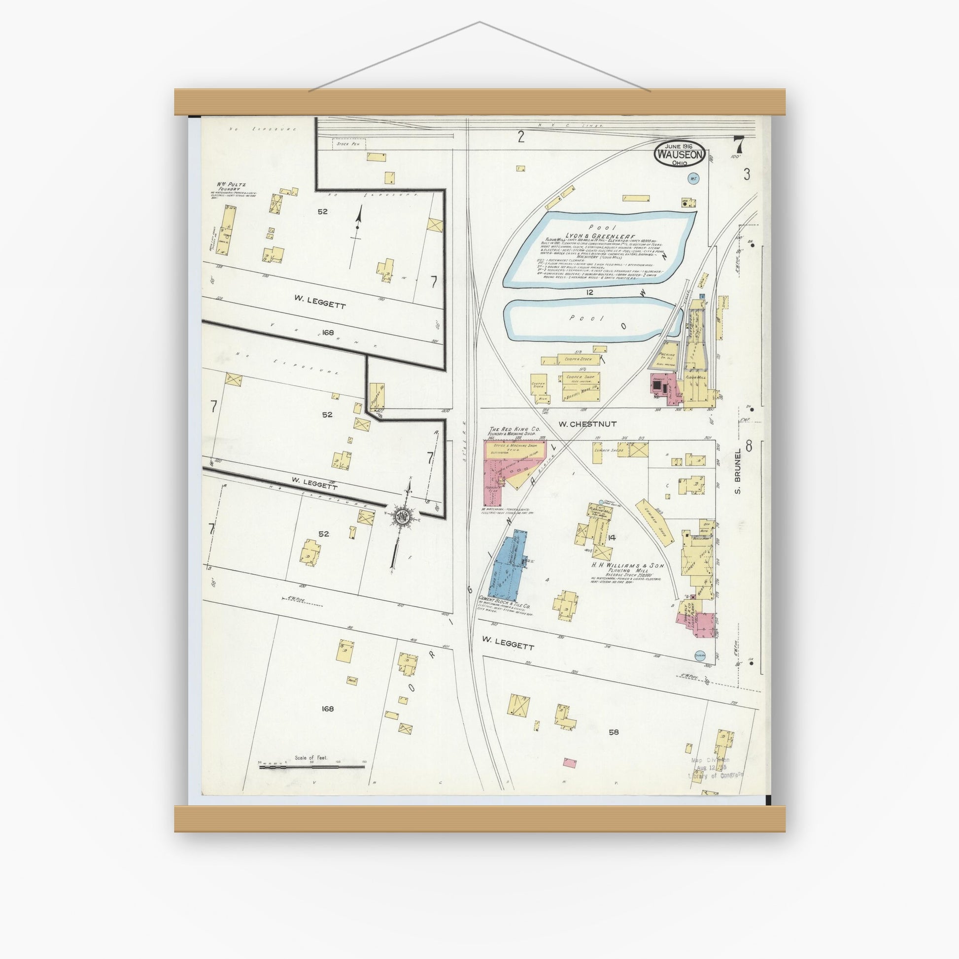 Old map wall art mockup — magnetic wood frame on white wall — Sanborn Fire Insurance Map from Wauseon, Fulton County, Ohio (1916), Sheet #0007