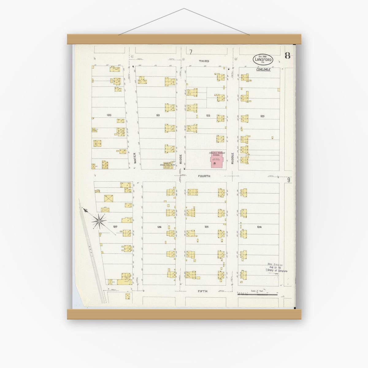 Old map wall art mockup — magnetic wood frame on white wall — Sanborn Fire Insurance Map from Lansford, Carbon County, Pennsylvania (1908), Sheet #0008
