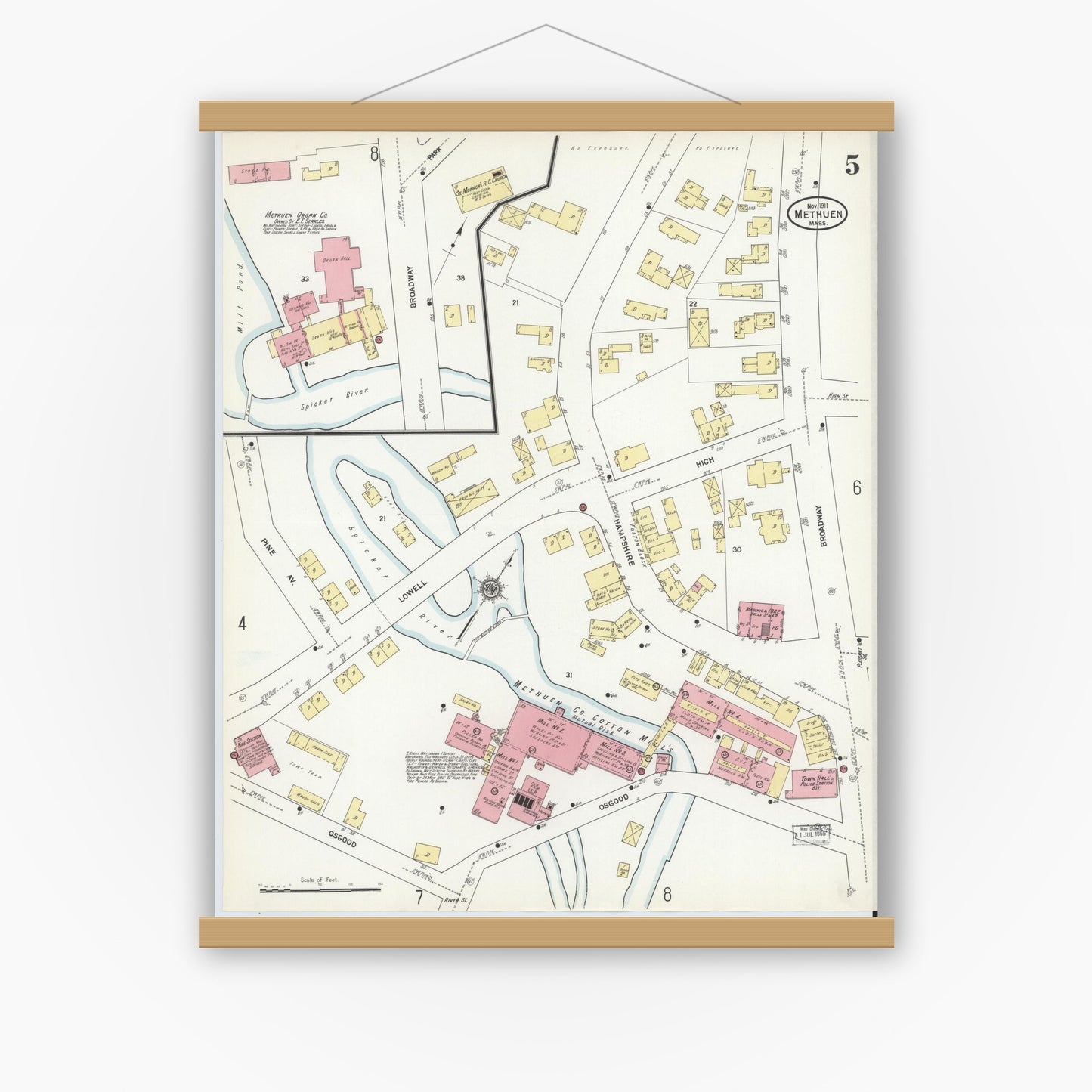 Old map wall art mockup — magnetic wood frame on white wall — Sanborn Fire Insurance Map from Methuen, Essex County, Massachusetts (1911), Sheet #0005