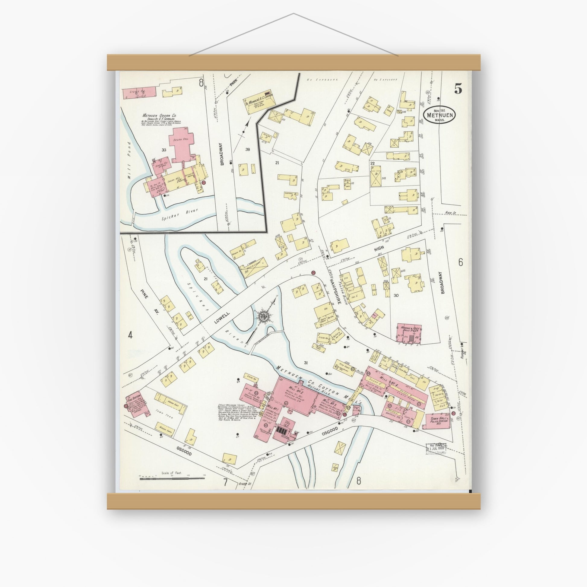 Old map wall art mockup — magnetic wood frame on white wall — Sanborn Fire Insurance Map from Methuen, Essex County, Massachusetts (1911), Sheet #0005