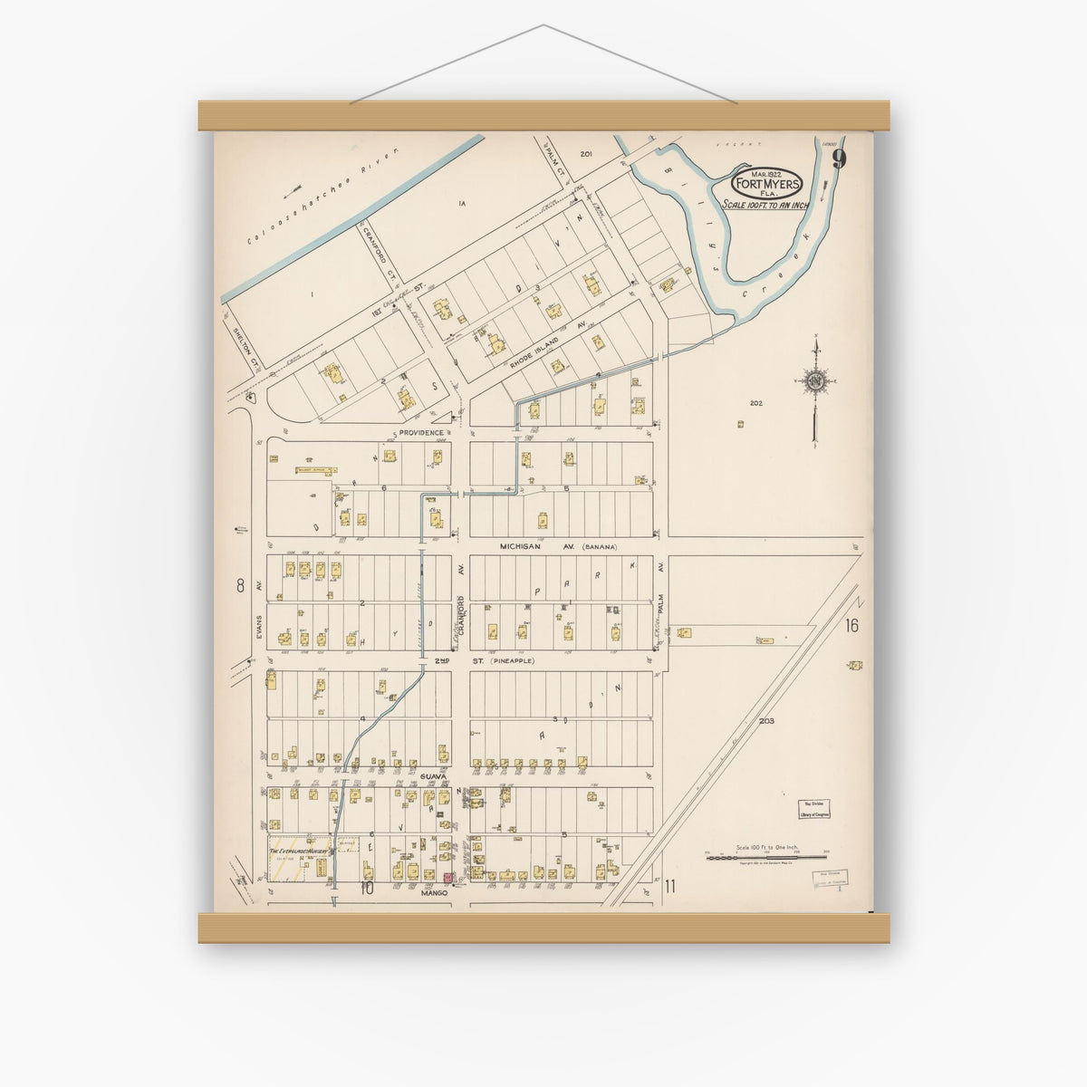 Old map wall art mockup — magnetic wood frame on white wall — Sanborn Fire Insurance Map from Fort Myers, Lee County, Florida (1922), Sheet #0009