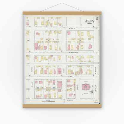 Old map wall art mockup — magnetic wood frame on white wall — Sanborn Fire Insurance Map from Wabash, Wabash County, Indiana (1893), Sheet #0002