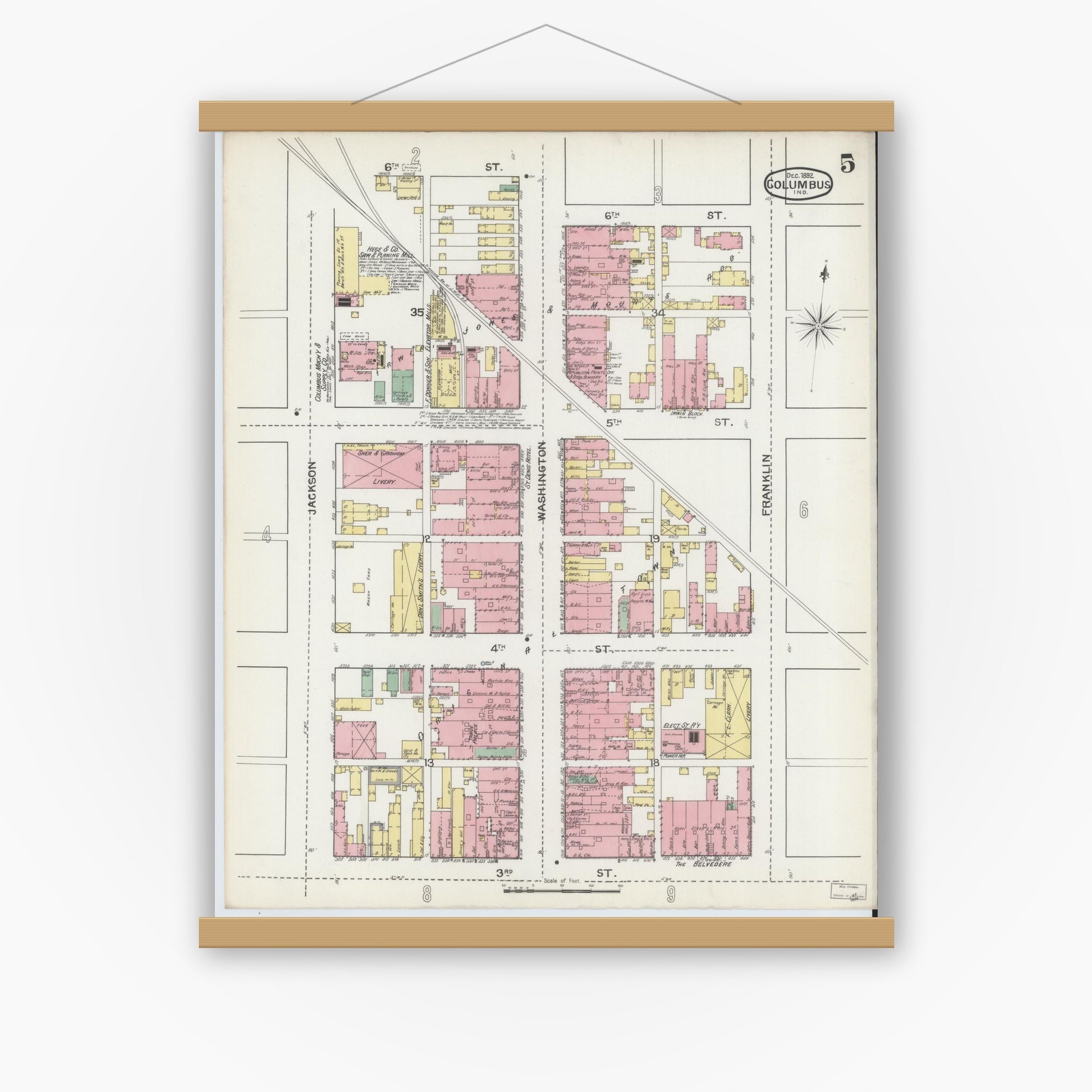 Old map wall art mockup — magnetic wood frame on white wall — Sanborn Fire Insurance Map from Columbus, Bartholomew County, Indiana (1892), Sheet #0005