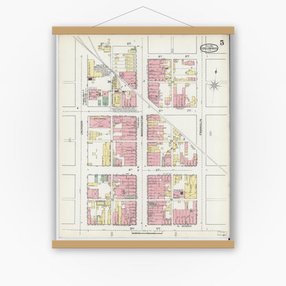 Old map wall art mockup — magnetic wood frame on white wall — Sanborn Fire Insurance Map from Columbus, Bartholomew County, Indiana (1892), Sheet #0005