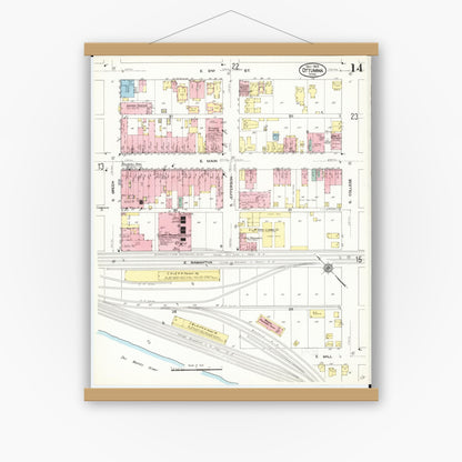 Old map wall art mockup — magnetic wood frame on white wall — Sanborn Fire Insurance Map from Ottumwa, Wapello County, Iowa (1909), Sheet #0014